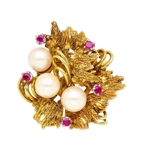 Vintage 5mm Pearl & Ruby Floral Cluster 18K Gold Twisted Shank Cocktail Ring