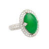 Vintage 7.29 Carat Jadeite Jade "A" Ring with Round Cut Diamond Halo & 18K Milgrain Finish