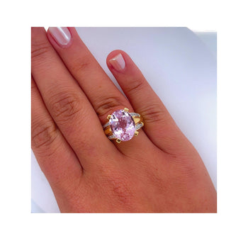 Vintage 9.50 Carat Oval Cut Pink Kunzite with Diamond Side Stone Cocktail Ring in 18K Yellow Gold – Assay Jewelers