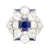 Vintage AGL Certified No Heat Blue Sapphire and Old Euro Cut Diamond Ring in Platinum