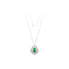 Vintage Art Nouveau Style Carved 18K White Gold Pendant Necklace With Shield Cut Emerald and Diamond Side Stones