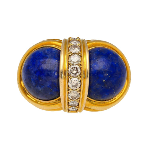 Vintage Cabochon Cut Lapis Lazuli and Diamond in 18K Yellow Gold Statement Rings