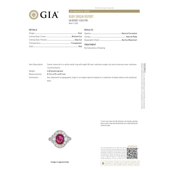 Vintage GIA Cert. 2.3 Carat No Heat Burma Ruby & Diamond in Platinum Ring