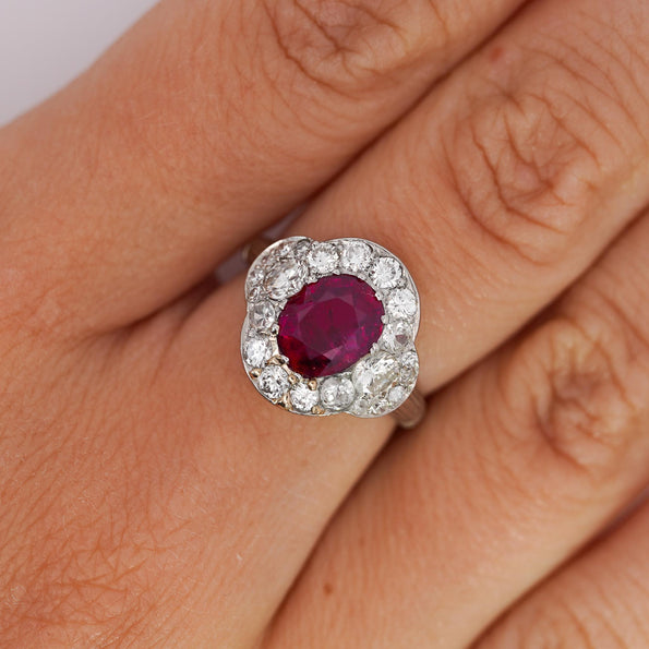 Vintage GIA Cert. 2.3 Carat No Heat Burma Ruby & Diamond in Platinum Ring