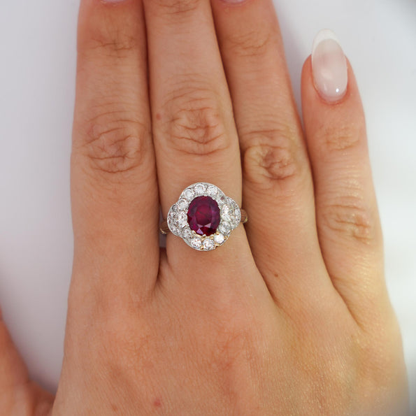 Vintage GIA Cert. 2.3 Carat No Heat Burma Ruby & Diamond in Platinum Ring