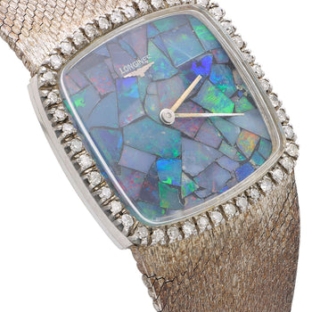 Vintage Longines Opal Mosaic Dial 34mm Diamond Bezel 18K White Gold Watch – Assay Jewelers