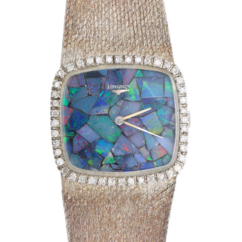Vintage Longines Opal Mosaic Dial 34mm Diamond Bezel 18K White Gold Watch – Assay Jewelers