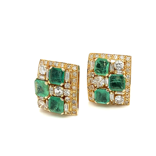 Vintage Natural Emerald & Diamond Earring and Ring Jewelry Set in 18K Gold