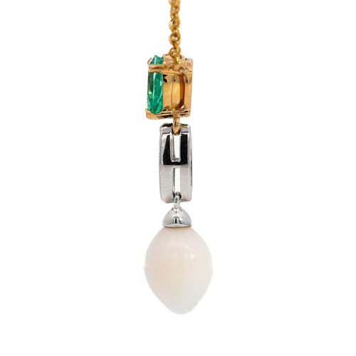 Vintage Natural Saltwater Conch Pearl & Emerald Drop 18K Gold Pendant Necklace