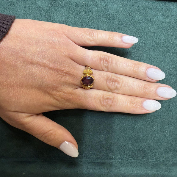 Vintage Oval Rodolite Garnet Victorian Revival in 18K Yellow Gold Solitaire Ring
