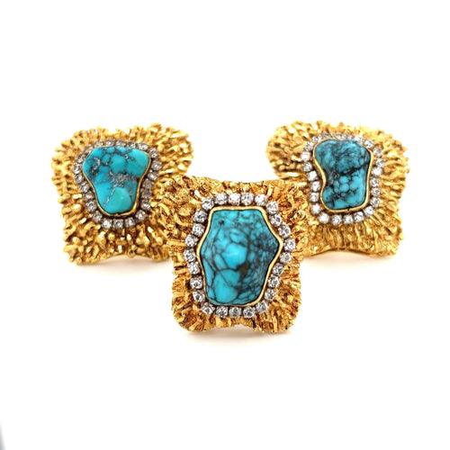 Vintage Raw Turquoise and Diamond Ring and Earring Set in 18k Gold