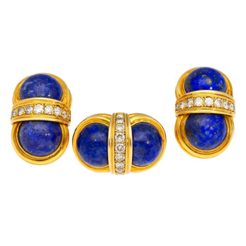 Vintage Retro Cabochon Lapis Lazuli 18K Gold Clip-On Earrings and Ring Set – Assay Jewelers