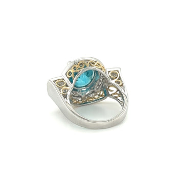 Vintage Retro Style 8 Carat Oval Cut Blue Zircon with Diamond Halo in Platinum & 18K Gold Filigree Set Ring – Assay Jewelers