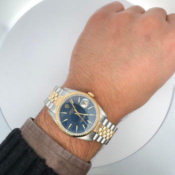 Vintage Rolex Blue Dial Oyster Date 34mm Two Tone Fluted on Jubilee Watch – Assay Jewelers