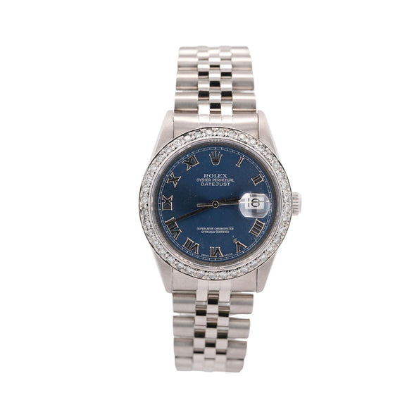 Vintage Rolex Datejust 36mm Blue Dial Diamond Bezel Watch