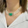 Vintage Victorian Style Cabochon Emerald And 3-Strand Pearl Choker Necklace