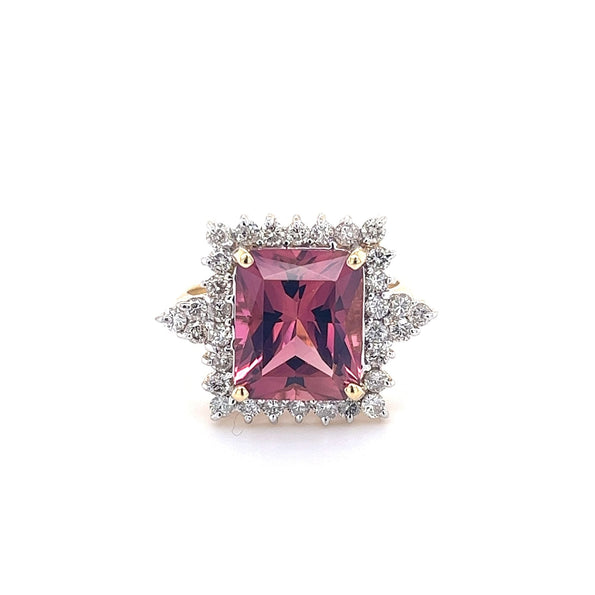 Vivid Pink 7 Carat Radiant Cut Tourmaline Ring with Round Diamond Halo in 18K Gold