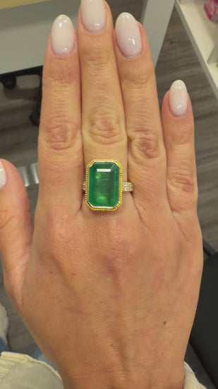 8.57 Carat Vivid Green Emerald and Diamond Milgrain Bezel 18K Gold Ring