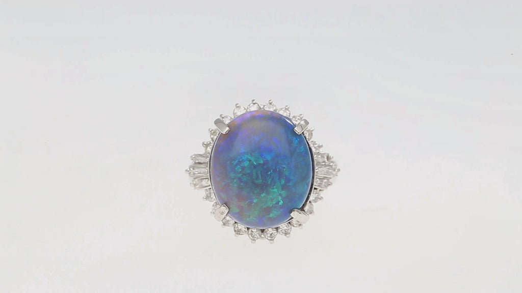 GIA Certified 8.45 Carat Black Opal & Diamond Halo Platinum Vintage Ring