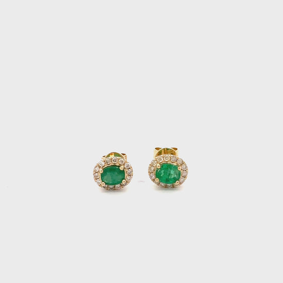 Certified Oval Cut Emerald & Diamond Halo Stud Earring in 14K Gold