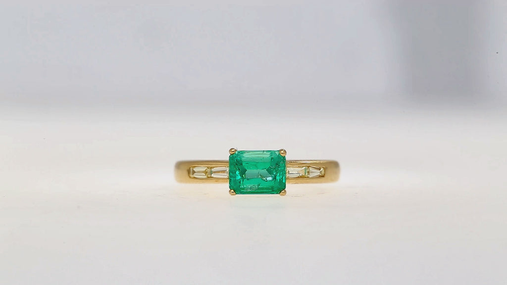 Natural 1 Carat Emerald & Baguette Diamond 18K Gold East West Ring