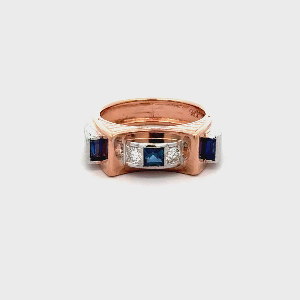 Retro Style Sapphire & Diamond Channe 14K Two Tone Unisex Band Ring