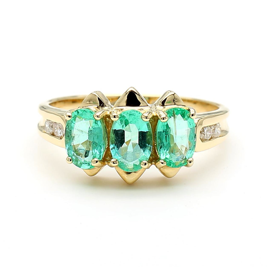 1.80 Carat Oval Emerald 3 Stone Ring in 14K Gold