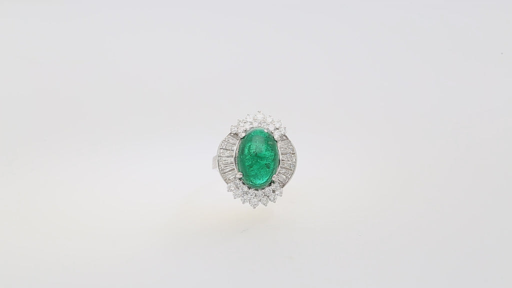 5.51 Carat Cabochon Cut Emerald & Diamond Platinum Ballerina Ring