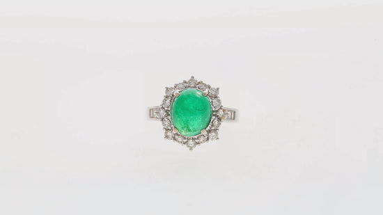 Vintage 3.32 Carat Cabochon Emerald and Diamond Halo Ring in 14K White Gold