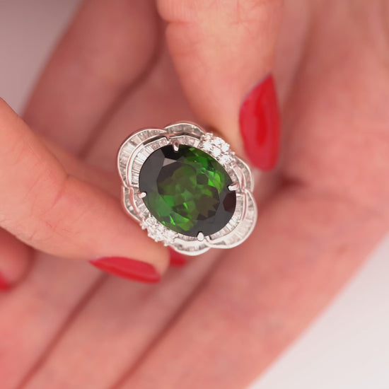 10.47 Carat Green Oval Cut Tourmaline & Diamond in Platinum Cocktail Ring