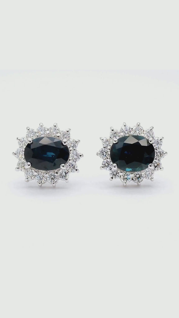 3.75 Carat Oval Blue Sapphire & 0.83 Carat Diamond Halo 18K White Gold Earrings