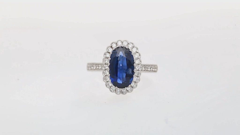 Vintage 2.38 Carat No Heat Oval Blue Sapphire & Milgrain Finish Diamond Ring